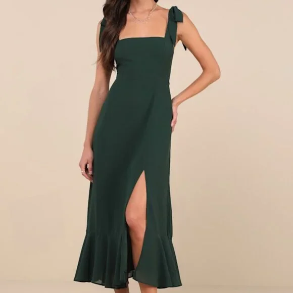green emerald velvet dress Elan One Shoulder Tie Side Midi Dress (More Colors Available)